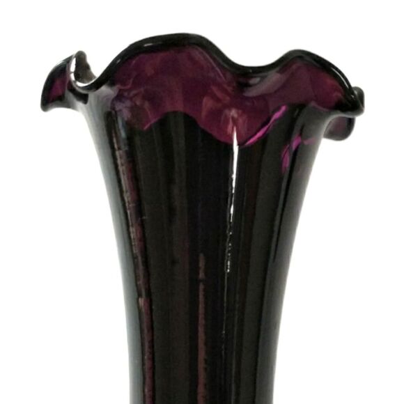 Black Amethyst Vase Glass Bud Transferware Vtg Shiah Yih Ruffled Edge Floral - Picture 4 of 16